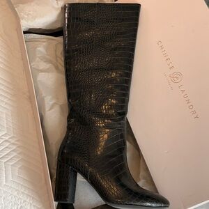 Chinese Laundry Krafty Black Croc-Embossed Knee High Boots